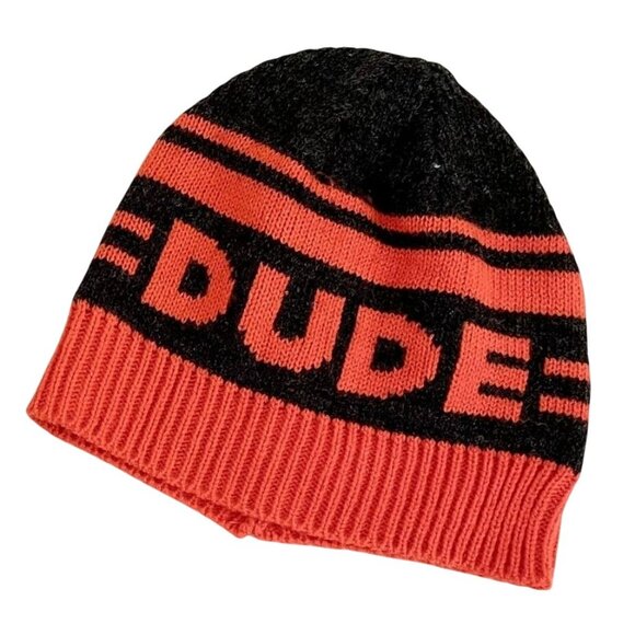 The Childrens Place Knit Hat Kids Size S M Orange Gray DUDE Beanie - Picture 2 of 6
